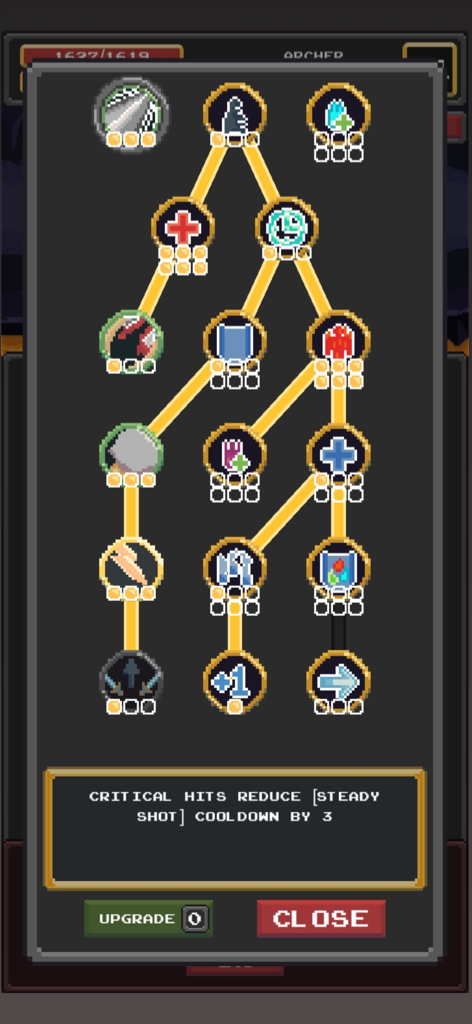 Doomdepths - Pixel art skill tree interface in Doomdepths showing branching character talent paths and upgrade options.
