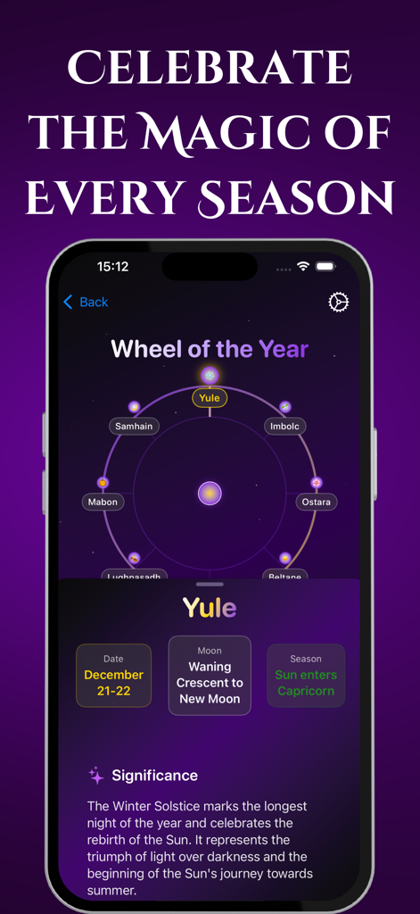 Wicca・Witchcraft Witch Spells - Smartphone screen showing the Wiccan Wheel of the Year feature with details about the Yule holiday and Winter Solstice significance.
