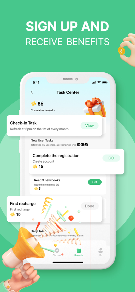 NovelBar app Task Center showing rewards for registration and reading