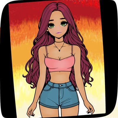a realistic girl with long hair and in a crop top and shprts