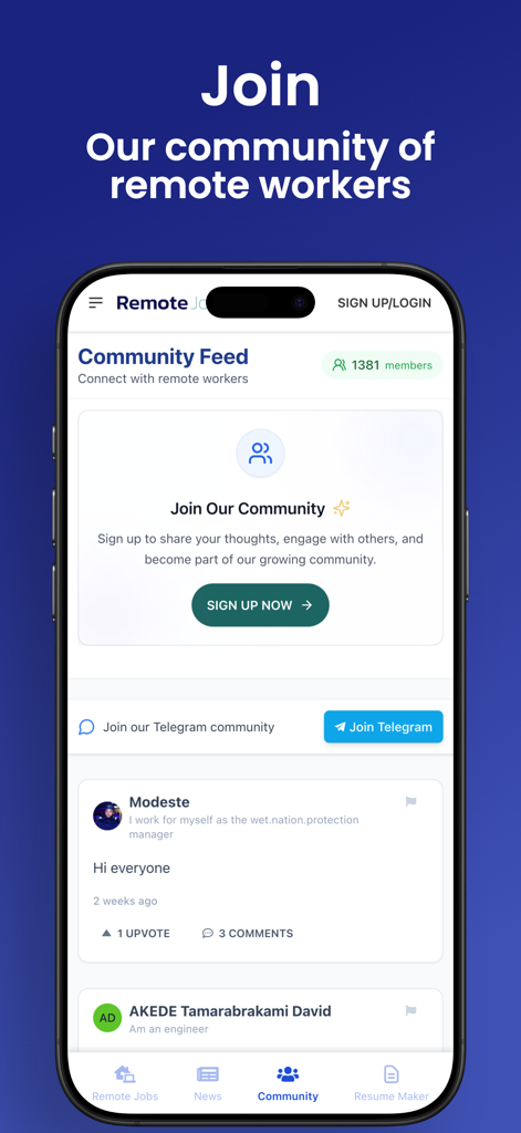 Remote Jobs Hub - Interface of the Remote Jobs Hub app showing the community feed where remote workers can network and share experiences.