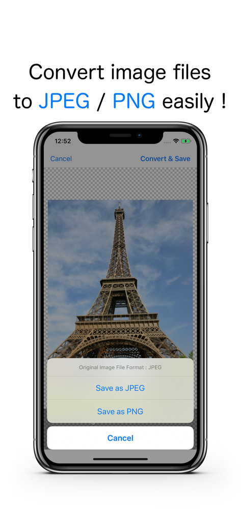 JPEG-PNG Image file converter - Interfaccia dell'app Convertitore di file immagine JPEG-PNG che mostra le opzioni per salvare una foto come JPEG o PNG
