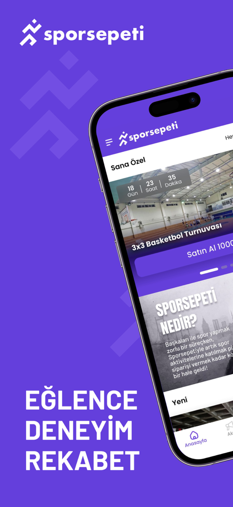 Sporsepeti - Sporsepeti mobile app interface showing a 3x3 basketball tournament booking screen with a countdown timer and event details