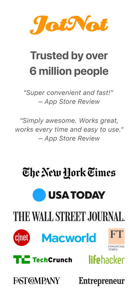 JotNot Fax - Send Receive Fax - JotNot Fax trust page featuring user reviews and media logos from major publications