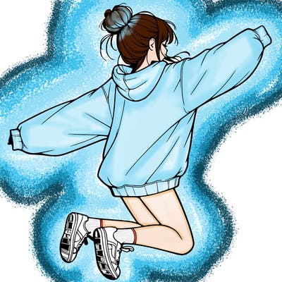 realistic girl jumping with a bun and oversized sweatshirt