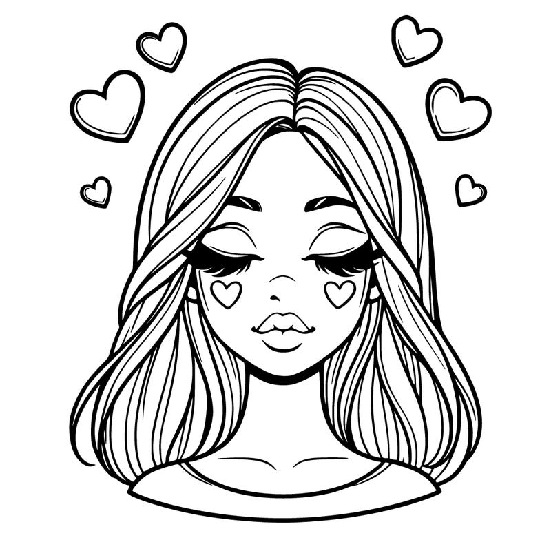 realistic girl with hearts around her head and her eyes closed