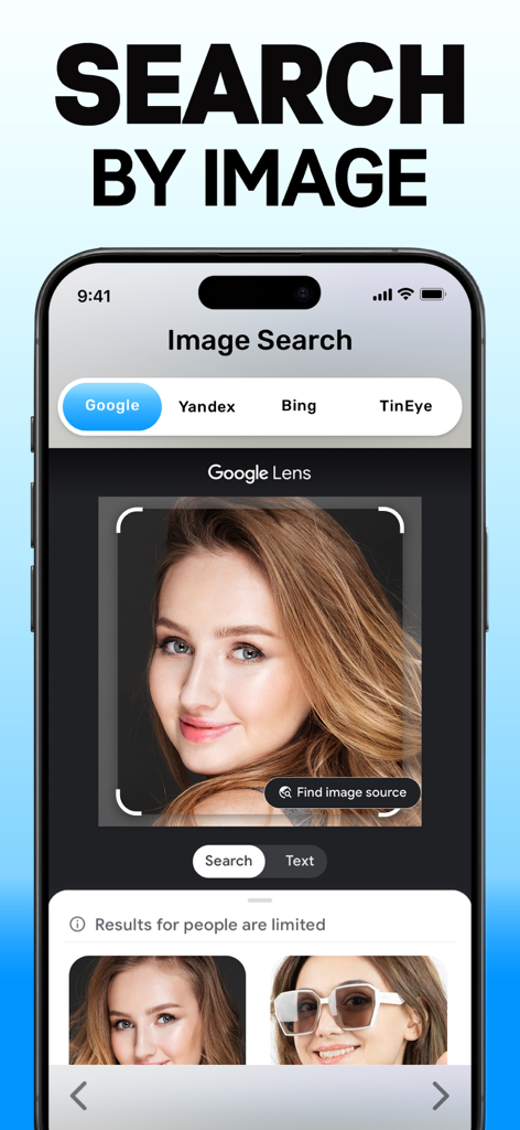 Image Search: ImageSearchTool - Interfaz de la aplicación móvil que muestra una búsqueda inversa de imágenes de una persona utilizando Google Lens.