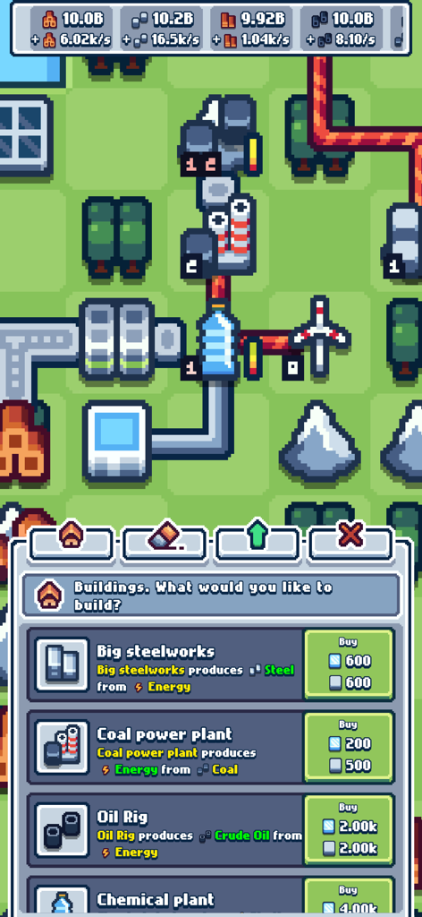 Production Chain Tycoon - Gameplay screenshot of Production Chain Tycoon showing the industrial building menu and resource production statistics