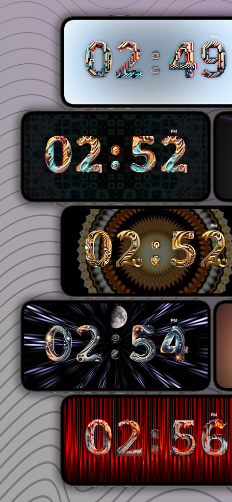 Uma colagem mostrando diferentes temas artísticos de relógio digital do aplicativo Clock Chime.