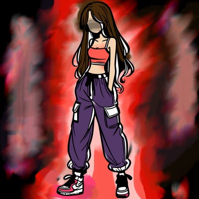 girl in baggy pants crop top and long hair