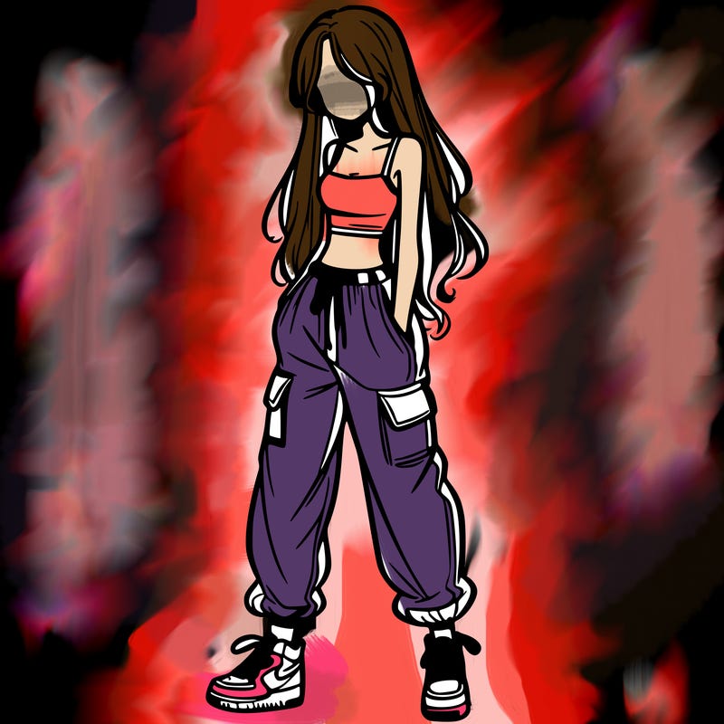 girl in baggy pants crop top and long hair