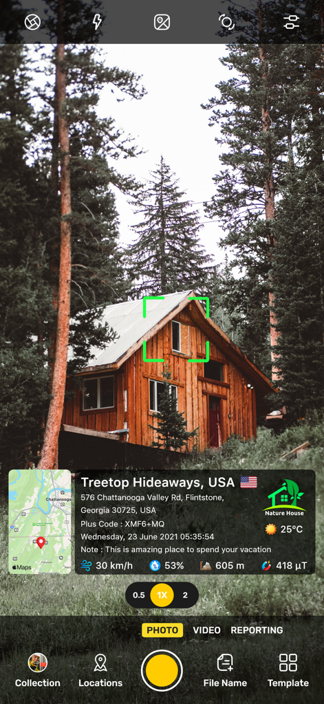 GPS Map Camera app interface showing a geotagged photo of a cabin with location, weather, and altitude stamps.