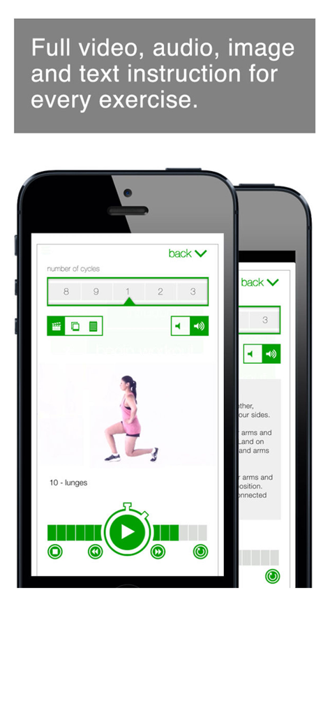 7 Minute Workout Challenge - Interfaz de la aplicación 7 Minute Workout Challenge que muestra un ejercicio de zancada con instrucciones de video y audio