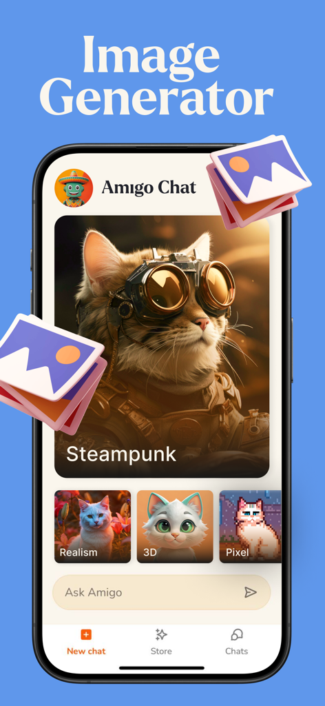 Amigo Chat - AI GPT assistant - Amigo Chat mobile app interface showing the AI image generator with different artistic styles like steampunk and 3D
