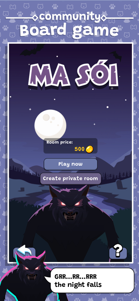 DuuDuu Village - Interface for the Werewolf game in DuuDuu Village featuring a spooky background and werewolf illustration