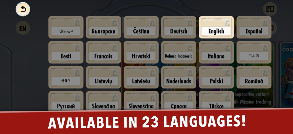 Pantalla de selección de idioma en la aplicación complementaria de Codenames que muestra 23 opciones de idioma diferentes