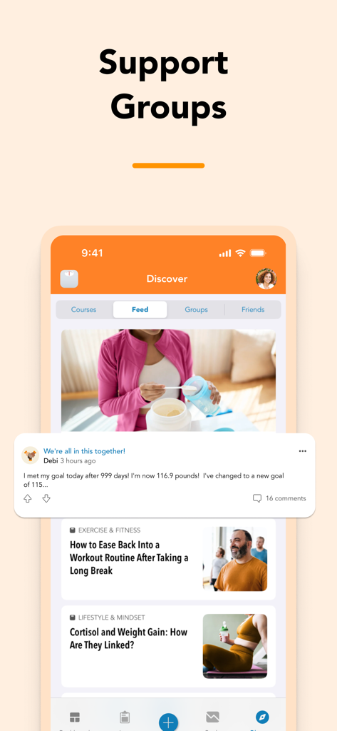 Screenshot of the Lose It calorie counter app community feed showing user milestones and health articles