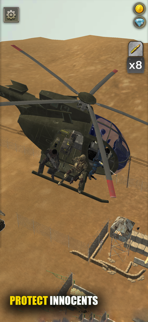Air Attack 3D: Sky War - Military helicopter with snipers flying over a desert base in Air Attack 3D