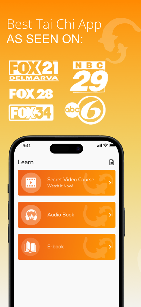 Interfaz de la aplicación Tai Chi para personas mayores mostrando curso en video, audiolibro y opciones de ebook con logotipos de medios de noticias.