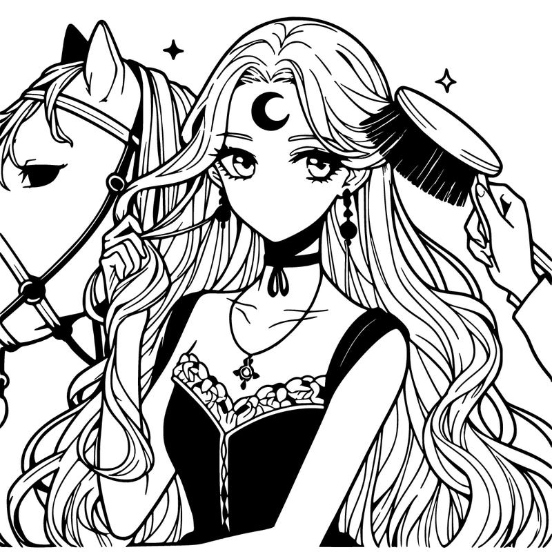 gorgeous anime vampire woman, small crescent moon tattoo on forehead, long light hair brushing a horse