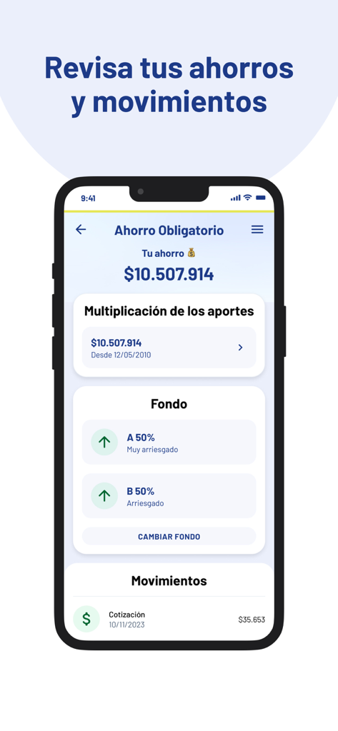 Mobile interface of the Mi AFP Capital app displaying mandatory pension savings balance and investment fund distribution