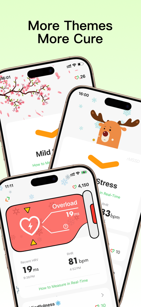 Three iPhones displaying various visual themes and stress tracking data from the StressBook app