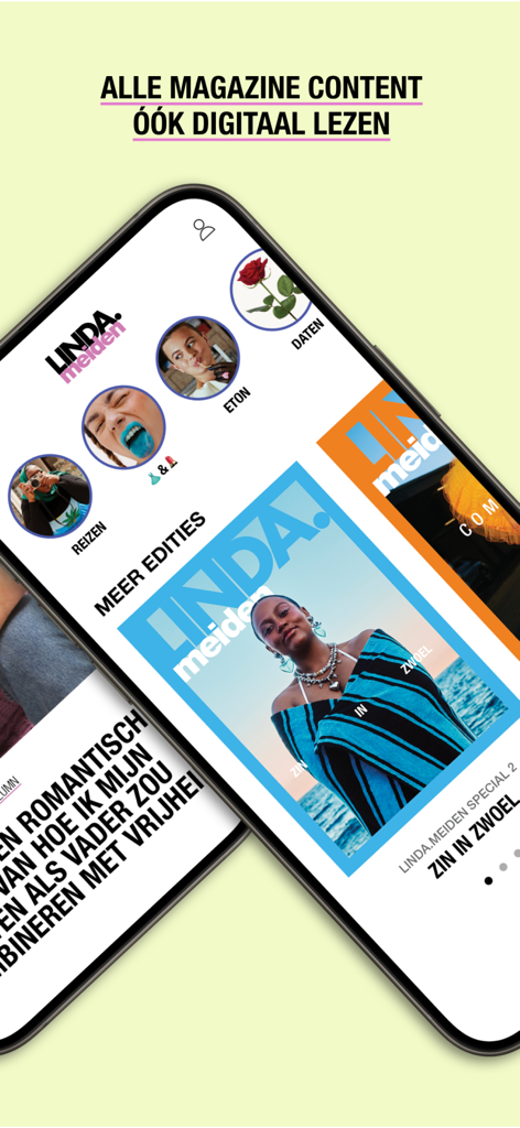 LINDA.meiden - Interface of the LINDA.meiden app showing digital magazine editions and lifestyle categories like travel and dating on a smartphone screen