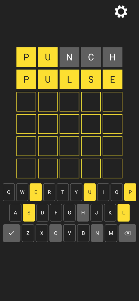 Word Search: Word Guess Puzzle - Interface of a 5-letter word puzzle game with yellow and gray letter tiles