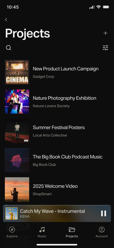 Interface of the Musicbed app showing a list of creative video and audio projects for music licensing.