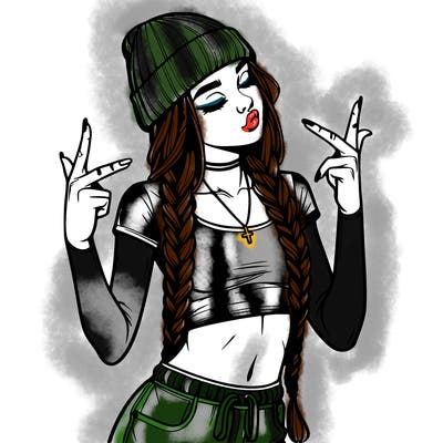 realistic teenage girl with braids and a beanie and crop top doing 🫶🏼