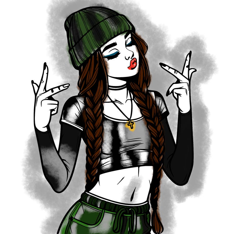 realistic teenage girl with braids and a beanie and crop top doing 🫶🏼