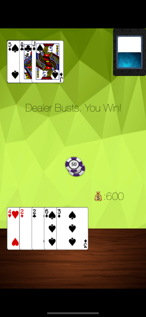 BJ21 Poker: BlackJack 21 Card - Gameplay screenshot of BJ21 Poker showing the dealer busting and the player winning a hand.