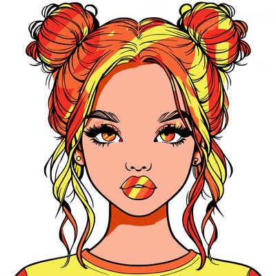 realistic girl with two buns in hair and lips