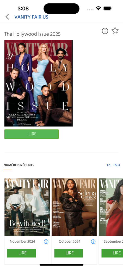 CloudLibrary NewsStand app interface showing Vanity Fair magazine issues and a read button