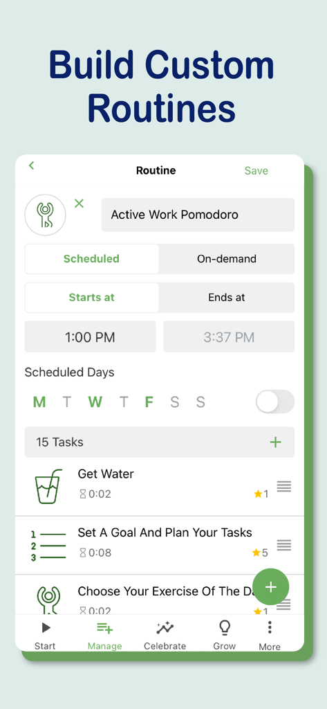 A screenshot of the Brili Routines app interface showing the custom routine builder with a scheduled Pomodoro work session and task list.