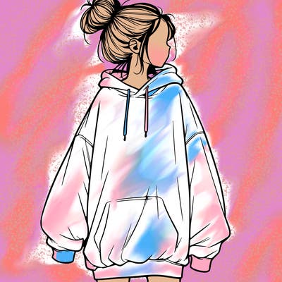realistic girl with a oversized sweatshirt on and a bun