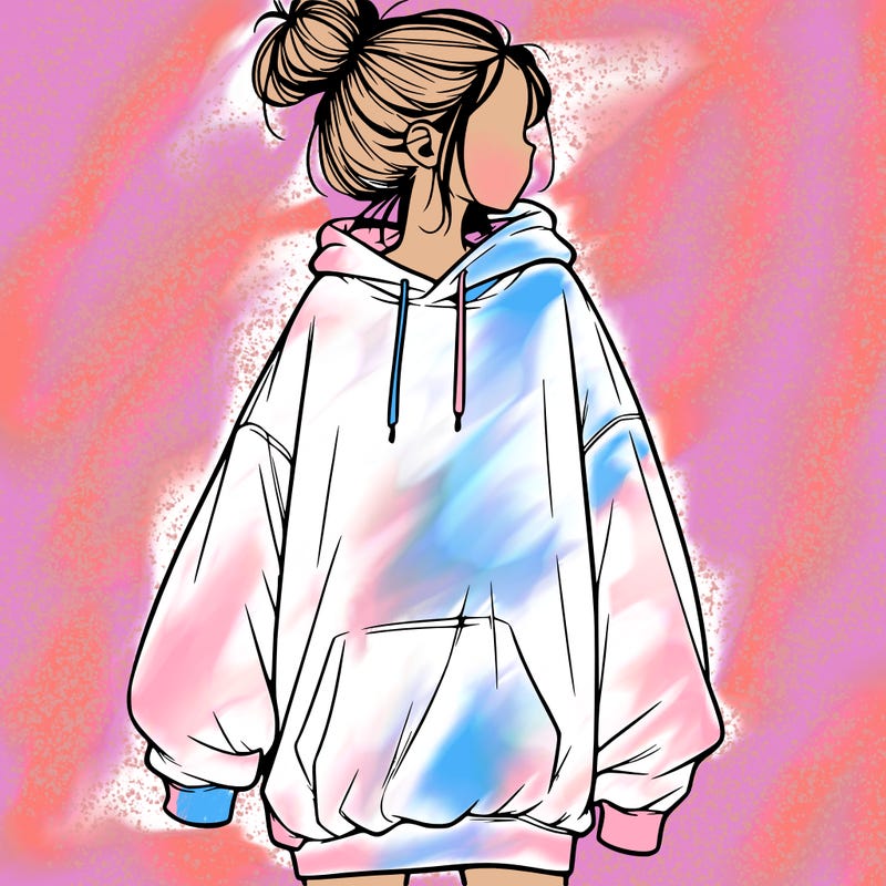 realistic girl with a oversized sweatshirt on and a bun