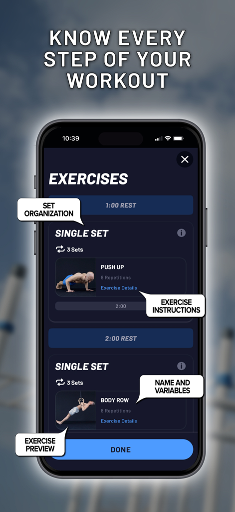 Cali Move app interface showing structured workout exercises with sets and instructions