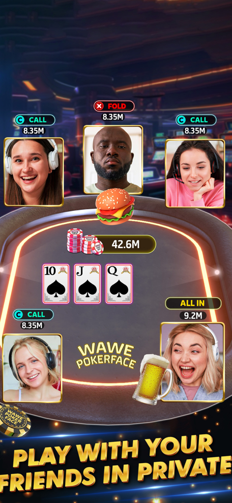 Wawe Poker Face - Texas Holdem - Wawe Poker Face mobile interface showing real-time video chat during a private poker game.