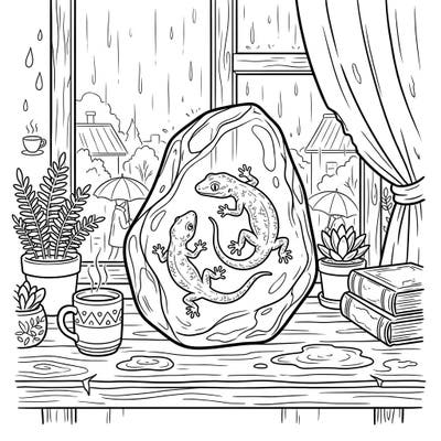 Relax indoors with our charming Amber Lizards on a Rainy Day coloring page, featuring two ancient geckos perfectly preserved in amber. This delightful scene offers a unique blend of natural history and cozy comfort, perfect for a relaxing creative escape.