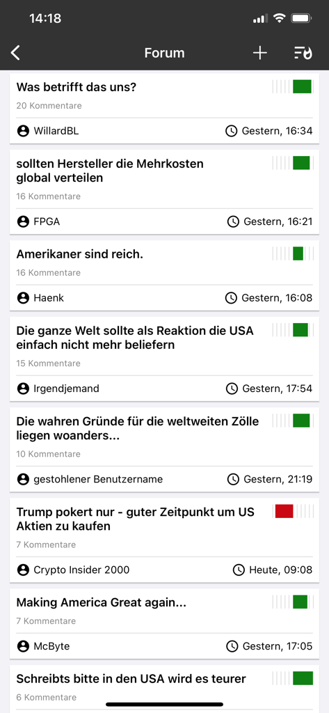 heise online | IT-News - Interfaz de la aplicación heise online que muestra una lista de hilos de discusión de foros de TI y tecnología con comentarios de usuarios.