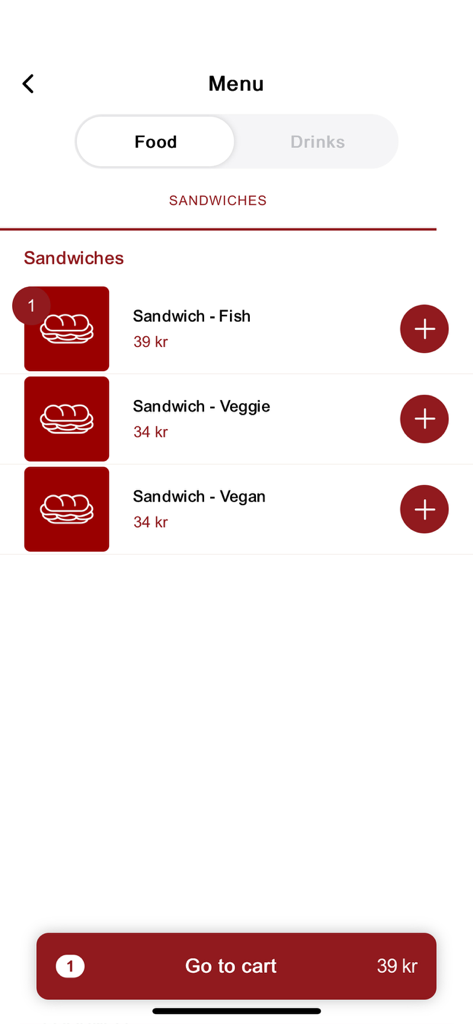 Eat@KU - The sandwich menu screen of the Eat@KU app showing fish, veggie, and vegan options with prices and a go to cart button.