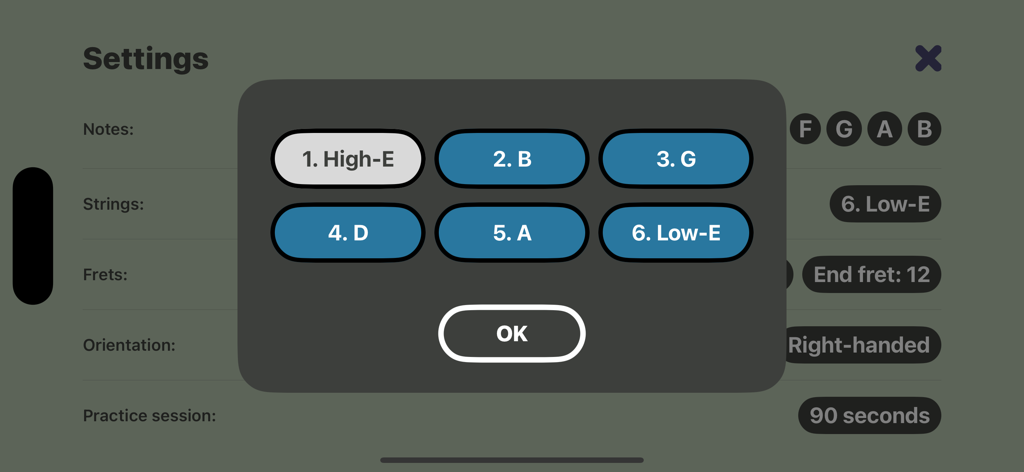 GuitarNotes - Master Fretboard - GuitarNotes app settings screen with a pop up for selecting specific guitar strings for practice sessions.