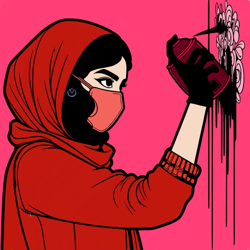 realistic girl with mask spray painting a wall