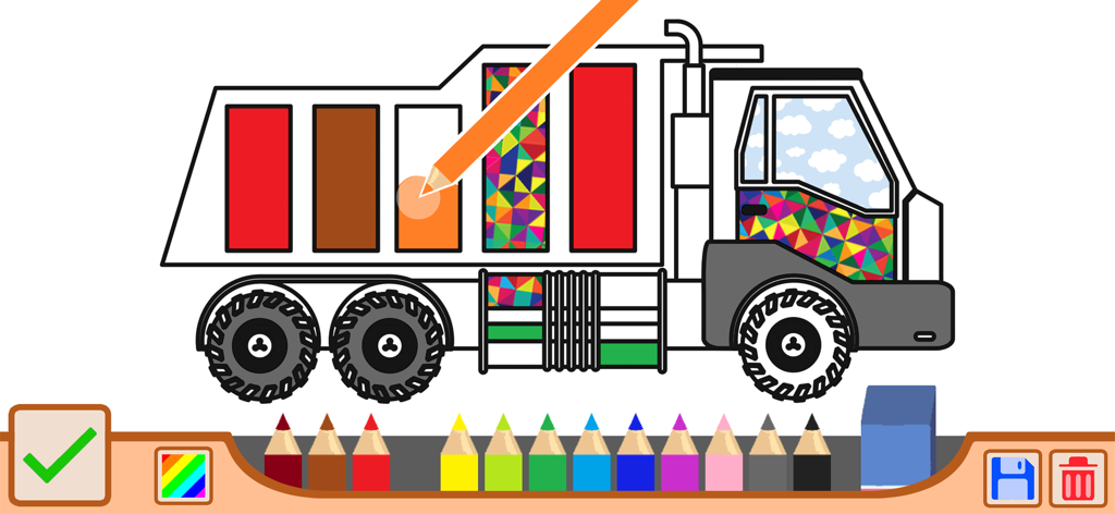 Página para colorear digital de un camión volquete con varios lápices de colores en la parte inferior