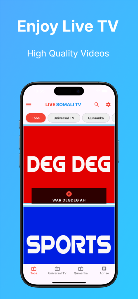 Live Somali TV app interface on a smartphone showing news and sports categories