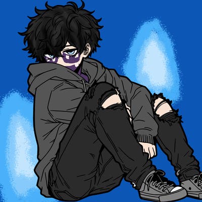 a male hoddie ripped jeans messy hair anime
