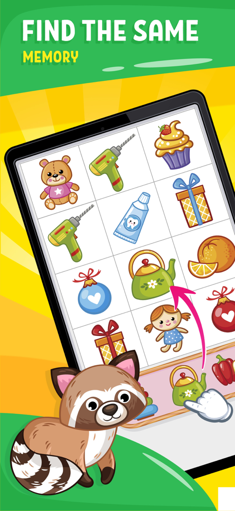 Juego de memoria educativo para niños pequeños con objetos coloridos en la pantalla de una tableta con un mapache de dibujos animados