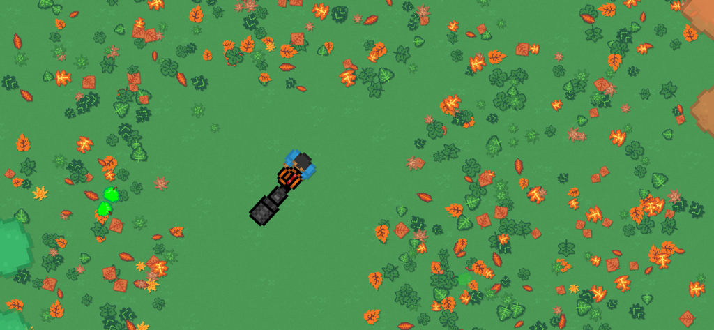 Leaf Blower Revolution - Jugabilidad pixel art de arriba hacia abajo que muestra a un personaje soplando hojas de colores en un césped.