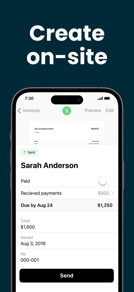 Invoice Maker ▸ Estimate App - Smartphone screen showing the Invoice Maker app interface for creating and sending invoices on-site